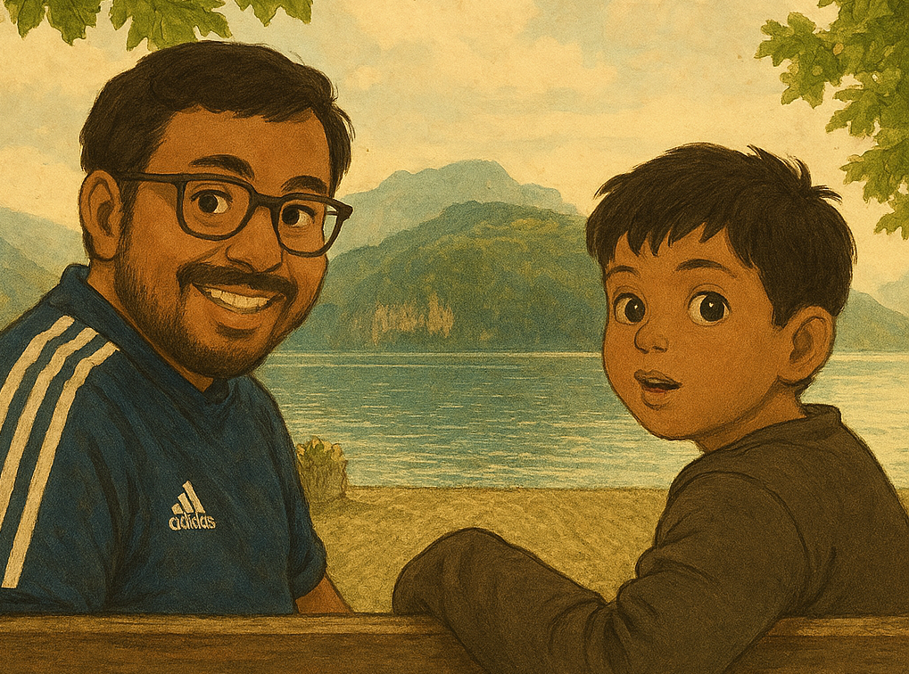 Rupam and Rayan sitting together by a lake